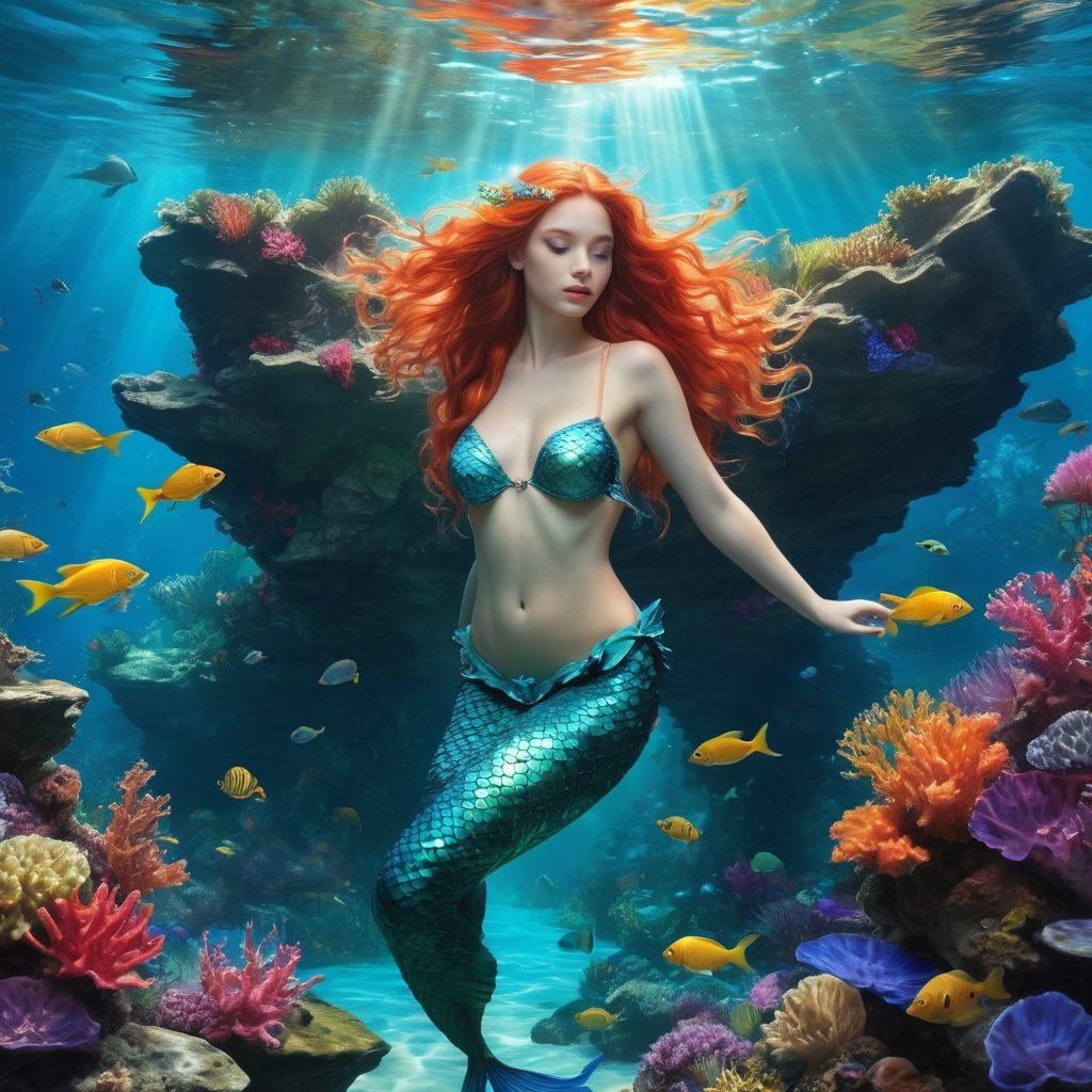 A serene underwater scene showcasing an enchanting mermaid lounging gracefully on a rock, adorned in trendy bikinis of various styles and colors. Surrounding her are vibrant coral reefs teeming with colorful fish, and shimmering rays of sunlight filtering through the water's surface. The mermaid's hair flows elegantly, accentuating the whimsical beauty of ocean life. Include a sense of inclusivity by showcasing diverse body types among mermaids. vibrant colors. super-realistic. oceanic theme.